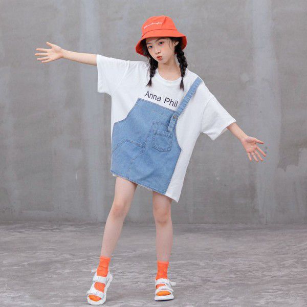 Children's wear 2022 new girls' loose T-shirt summer Korean version Chinese children's parent-child clothing pure cotton splicing fake two-piece top 