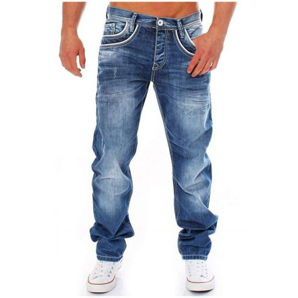 Cross-border 2022 Amazon men's worn-out white pocket zippered jeans fashion waist loose straight pants 