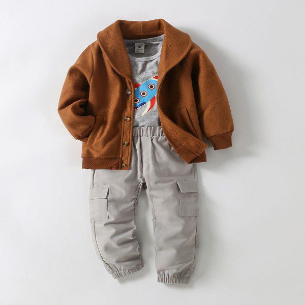 Euramerican Express Cross-border Boys' Cloth Coat Grey Rocket Long Sleeve T-shirt Pants Three-piece Set for Middle and Small Children 