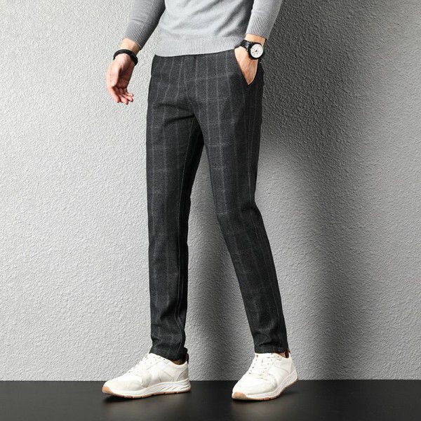 Casual pants for men in autumn and winter 2022, business trend for young and middle-aged people, check brushed trousers, straight tube, loose trousers, men 
