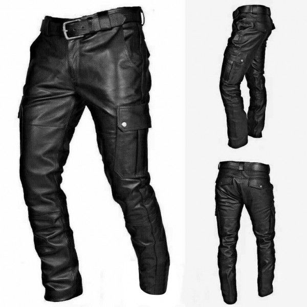 Spot cross-border wish Amazon's popular men's pocket punk vintage Gothic leather pants PU strap casual leather pants 