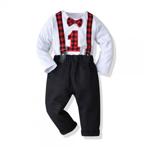 Foreign trade baby boy autumn long-sleeved T-shirt suspenders boy suit gentleman bow tie cotton climbing suit 