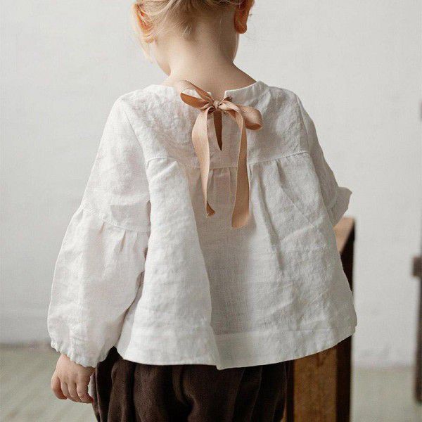 Girls' top 2022 autumn new cute foreign baby doll shirt Sen cotton linen long-sleeved T-shirt children's wear 