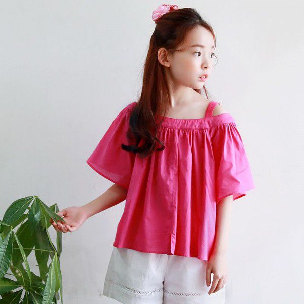 New summer Korean children's wear off-the-shoulder middle and large children's top short-sleeved T-shirt girls 