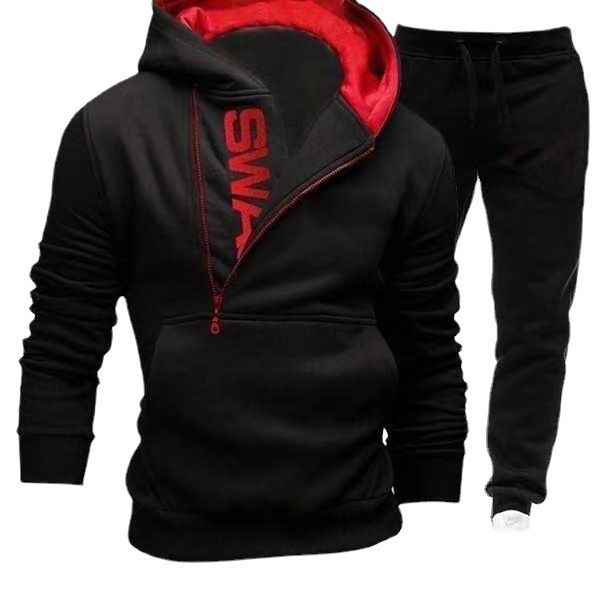 New men's hooded foreign trade oblique zipper printing pullover Wish quick sell two-piece sweater pants outer suit 