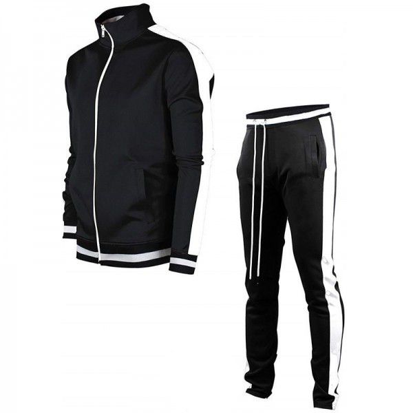Men's casual sports suit cardigan color matching trend stand collar two-piece set