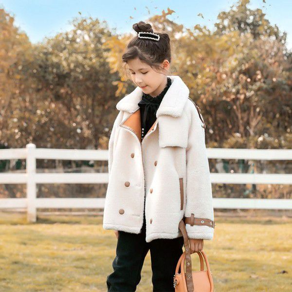 Girls' plush autumn and winter new middle and large children's fur and fur integrated granular cashmere children's lamb fur coat