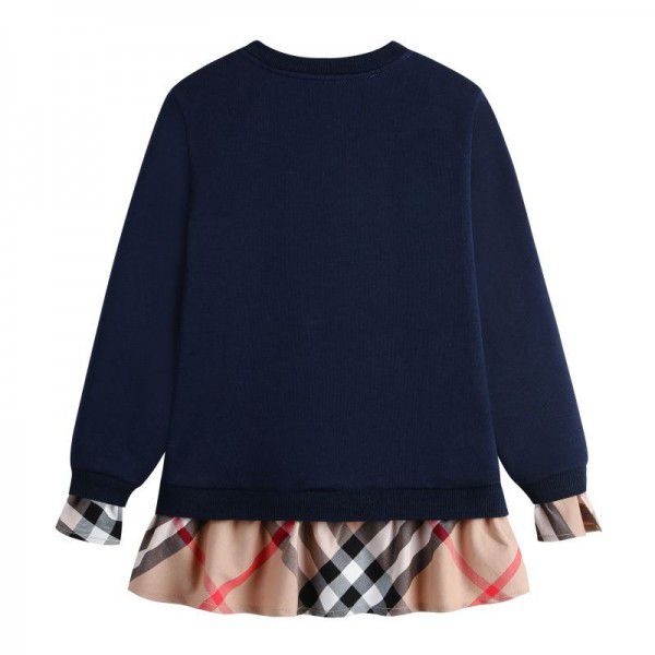Spring new round neck plaid color contrast skirt hem pullover long-sleeved cotton sweater bottoming trend