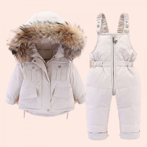 Children's down jacket set new boys and girls' short hooded fur collar baby children's Korean thick coat
