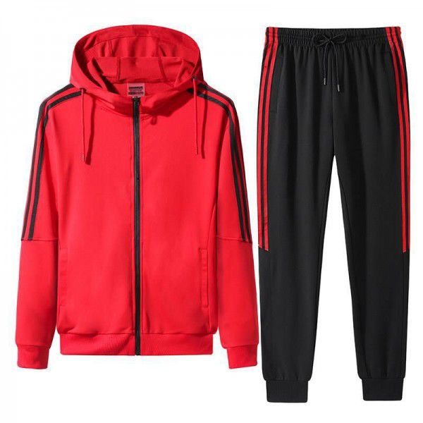 [Tide] Autumn and winter three-bar new sports suit men's cardigan pants two-piece hoodie can be printed with LOGO