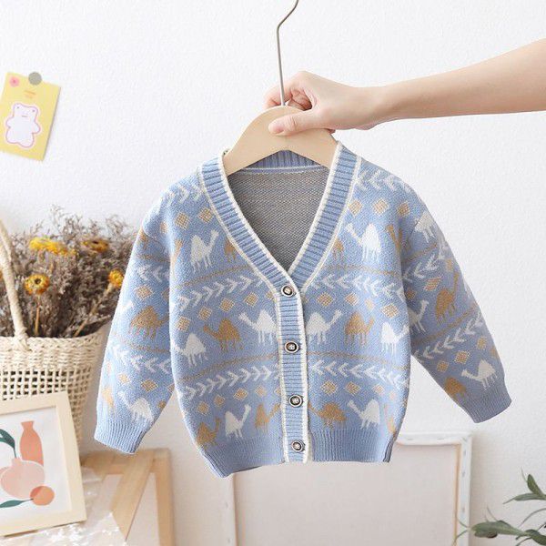 Boys' dinosaur cartoon sweater cardigan Korean version baby knitted V-neck outer children's coat