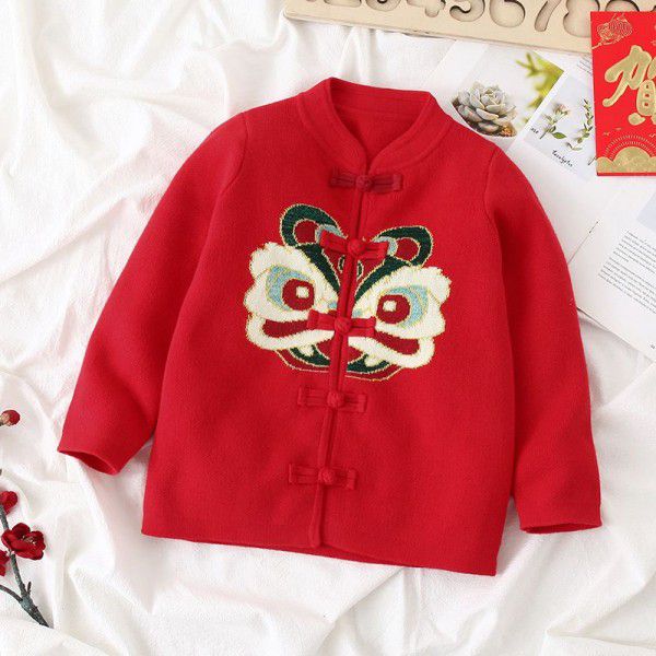 Children's Unisex Children's Sweater Solid Color Cute Cotton Long Sleeve Tang Suit Collar Baby New Year Cardigan