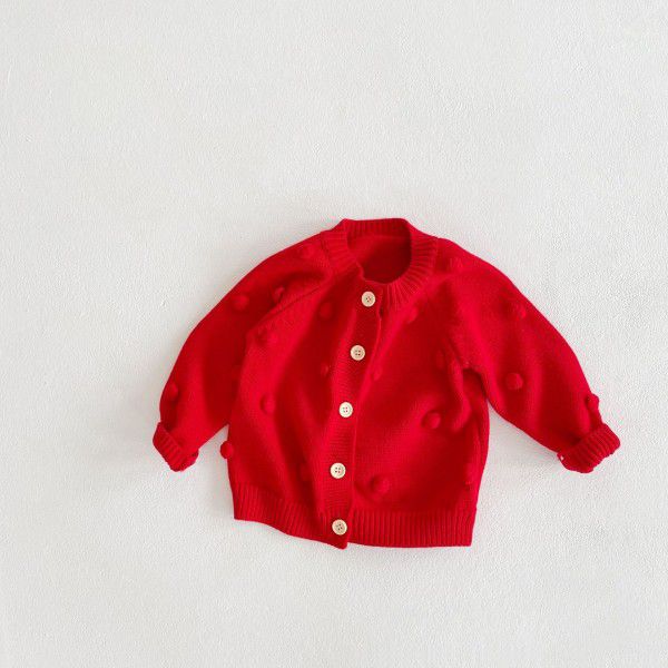 Versatile for boys and girls in spring and autumn, children's handmade ball knitting jacket, cotton long-sleeved newborn new year's clothes