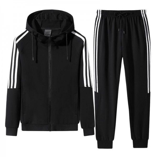 [Tide] Autumn and winter three-bar new sports suit men's cardigan pants two-piece hoodie can be printed with LOGO