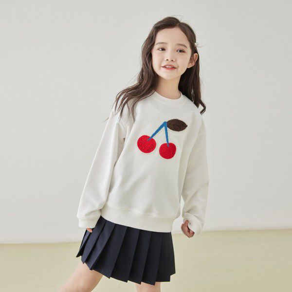 New children's round neck sweater, cherry towel embroidered white pullover, cotton girl's long sleeve