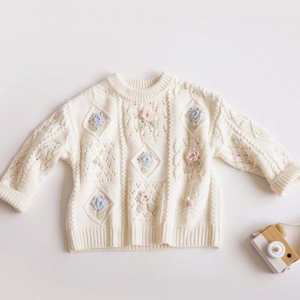 Spring and Autumn New Korean Children's Sweaters Hand Hook Flowers Little Girl Baby Cotton Thread Pullover Knitted Sweater Coat