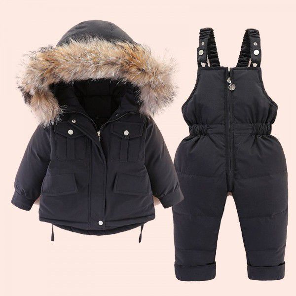 Children's down jacket set new boys and girls' short hooded fur collar baby children's Korean thick coat
