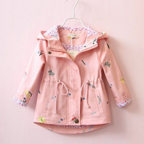 Girls' cotton flower embroidery windbreaker drawcord hood medium length coat top