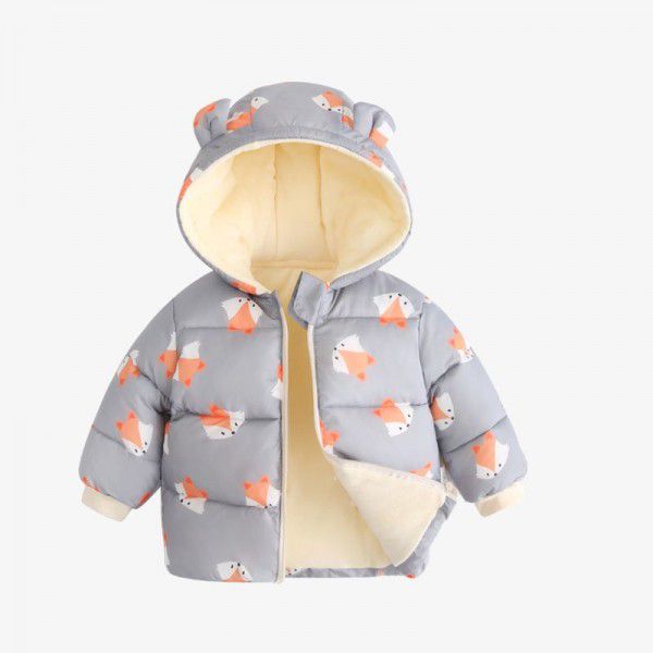 Baby's down cotton jacket, autumn and winter outdoor wear, foreign style plush hooded jacket, cute warm winter coat for boys and girls