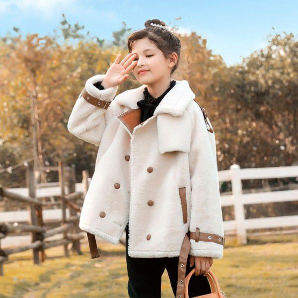 Girls' plush autumn and winter new middle and large children's fur and fur integrated granular cashmere children's lamb fur coat