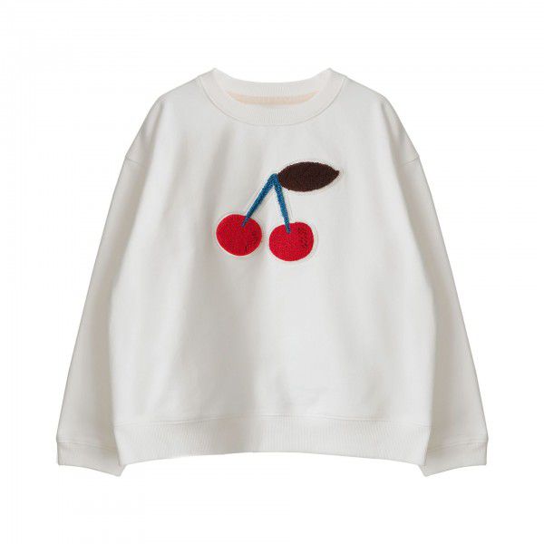 New children's round neck sweater, cherry towel embroidered white pullover, cotton girl's long sleeve