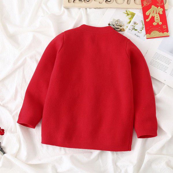 Children's Unisex Children's Sweater Solid Color Cute Cotton Long Sleeve Tang Suit Collar Baby New Year Cardigan