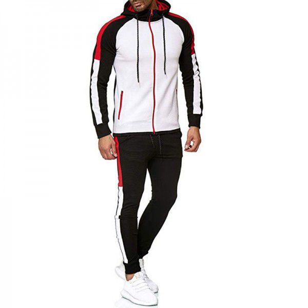 Spring and Autumn Fashion Stripe Color-blocking Large Men's Hooded Sweater Sports Set