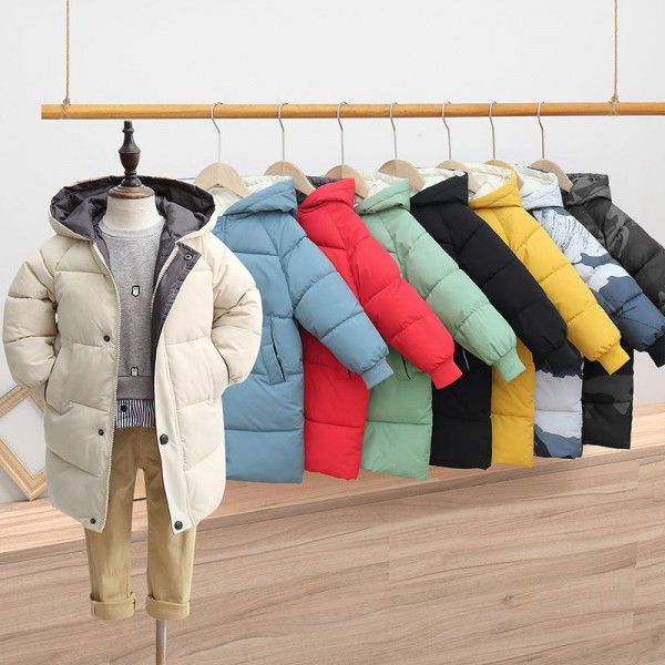 Children's down cotton-padded jacket in winter, medium and long thick coat, boys and girls' hooded down cotton-padded jacket