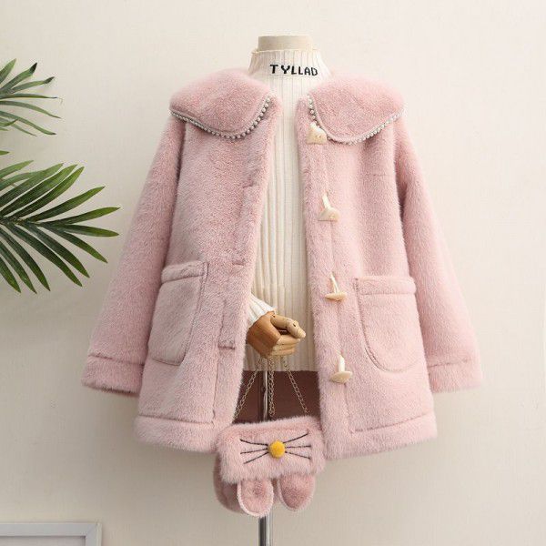Girls' fur integrated coat autumn and winter new Korean version children's foreign style medium and large children's European mink coat trend
