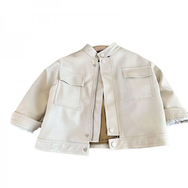 Children's clothing Spring style boys' coat leather clothes Children's spring and autumn middle children's windproof girls' work clothes Korean version Western-style standing collar
