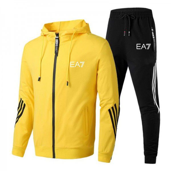 Men's casual sports suit hooded sweater men's and women's running sportswear three-bar coat