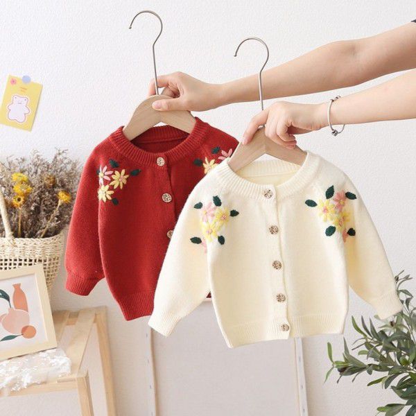 Girls Korean version of foreign style knitted sweater cardigan girls spring and autumn embroidered coat children's small fresh top trend