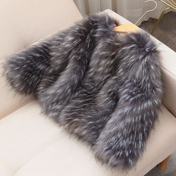 2022 autumn and winter new silver fox slim Korean version fur imitation raccoon fur round neck children's fur coat fashion cotton dress 