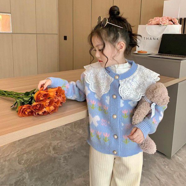 Girls' ruffle princess sweater sweater autumn and winter new style fashionable lovely girls casual cardigan coat