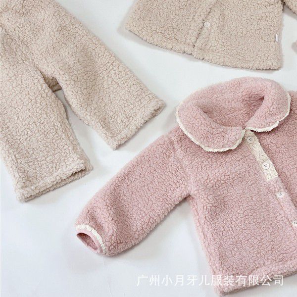 Children's pajamas, winter coral velvet cotton-padded jacket, girls' pure cotton warm coat, baby cotton-padded clothes, boys' home clothes set