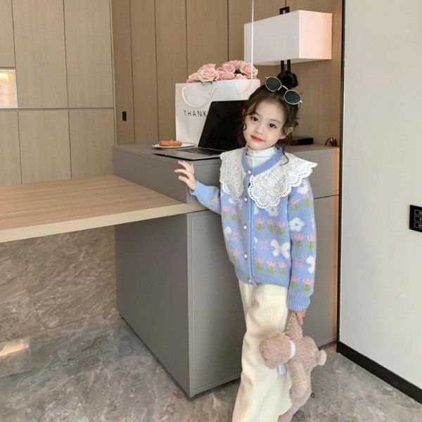 Girls' ruffle princess sweater sweater autumn and winter new style fashionable lovely girls casual cardigan coat
