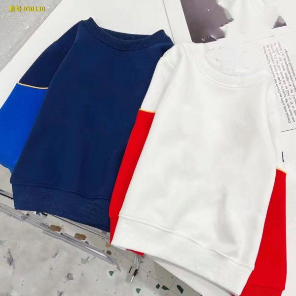 Spring new middle and large children's round neck color contrast sweater and pants casual suit 