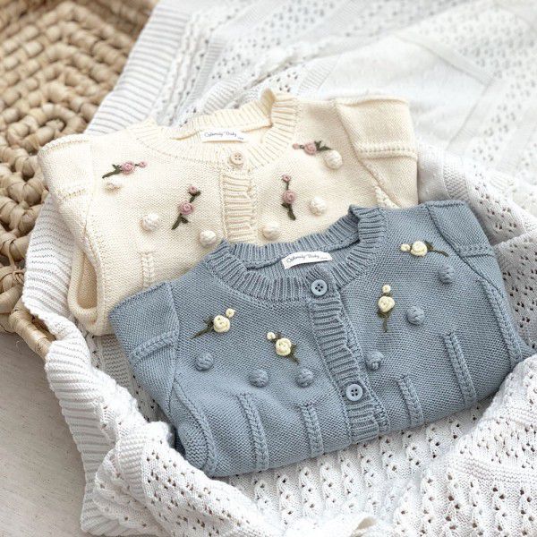 Baby girls embroidered cardigan sweater baby girls hand hook wool ball embroidered coat
