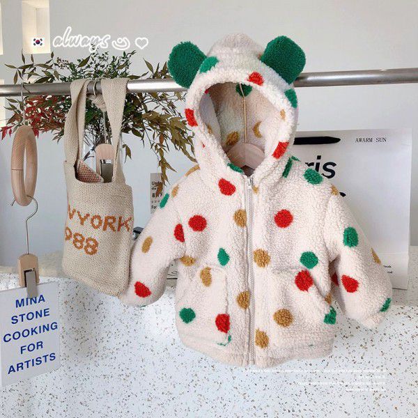 Girls' Lamb Fleece Coat New Westernized Girl's Korean Color Dotted Thickened Wool Top