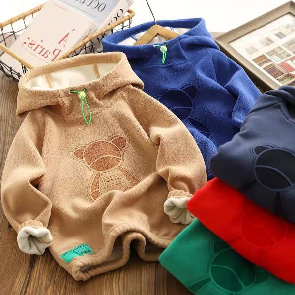 Suede sweater autumn and winter new children's double-sided velvet hooded warm pullover sports jacket trend