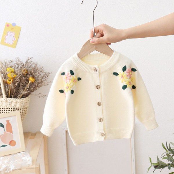 Girls Korean version of foreign style knitted sweater cardigan girls spring and autumn embroidered coat children's small fresh top trend