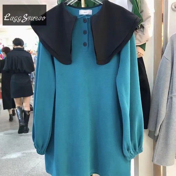 Doll neck patchwork color contrast dress women's new spring and autumn mid-length large loose small long-sleeved dress