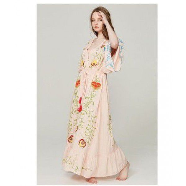 European and American autumn new flower embroidery V-neck large flare sleeve dress dress dress dress