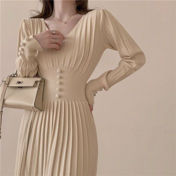Early spring new v-neck medium-length knitted dress with thin temperament and large pleats in autumn and winter for women 