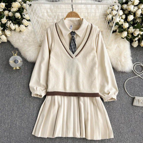 Jk uniform autumn and winter wear with reduced age college style pleated skirt wear knitted vest two-piece suit dress 