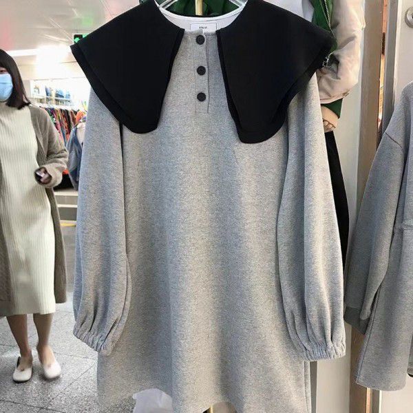 Doll neck patchwork color contrast dress women's new spring and autumn mid-length large loose small long-sleeved dress