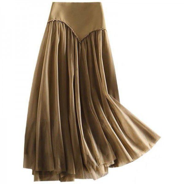 New women's early spring high waist slim skirt with irregular mesh skirt 