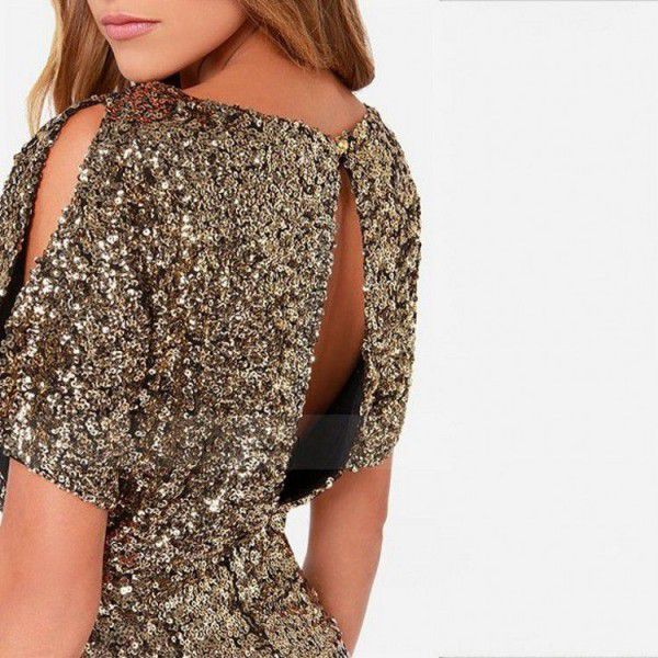European and American gold sequin slimming show thin shoulder bag buttock dress sexy nightclub open back dress short skirt