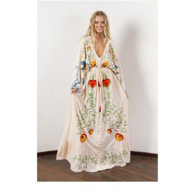 European and American autumn new flower embroidery V-neck large flare sleeve dress dress dress dress