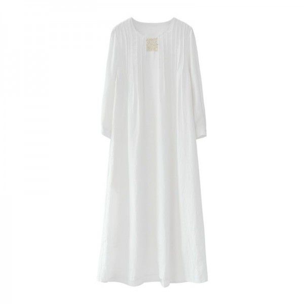 Spring new product sand-washed linen double-layer fairy gas handmade sesame embroidery thin long dress loose skirt